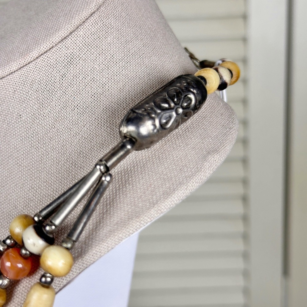 Vintage 70s Earthy Multi Strand Necklace Carnelian Agate Bone Silver Metal Beads - Picture 4 of 12